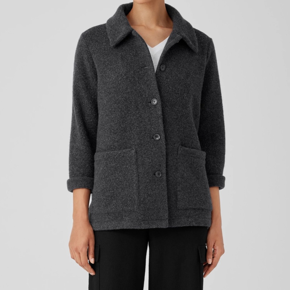 Eileen Fisher long sleeve Boucle Wool Knit Classic Collar Jacket gray size XXL